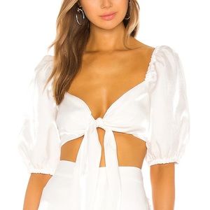 Camila Coelho White Puff Sleeve Tie Front Top s crop